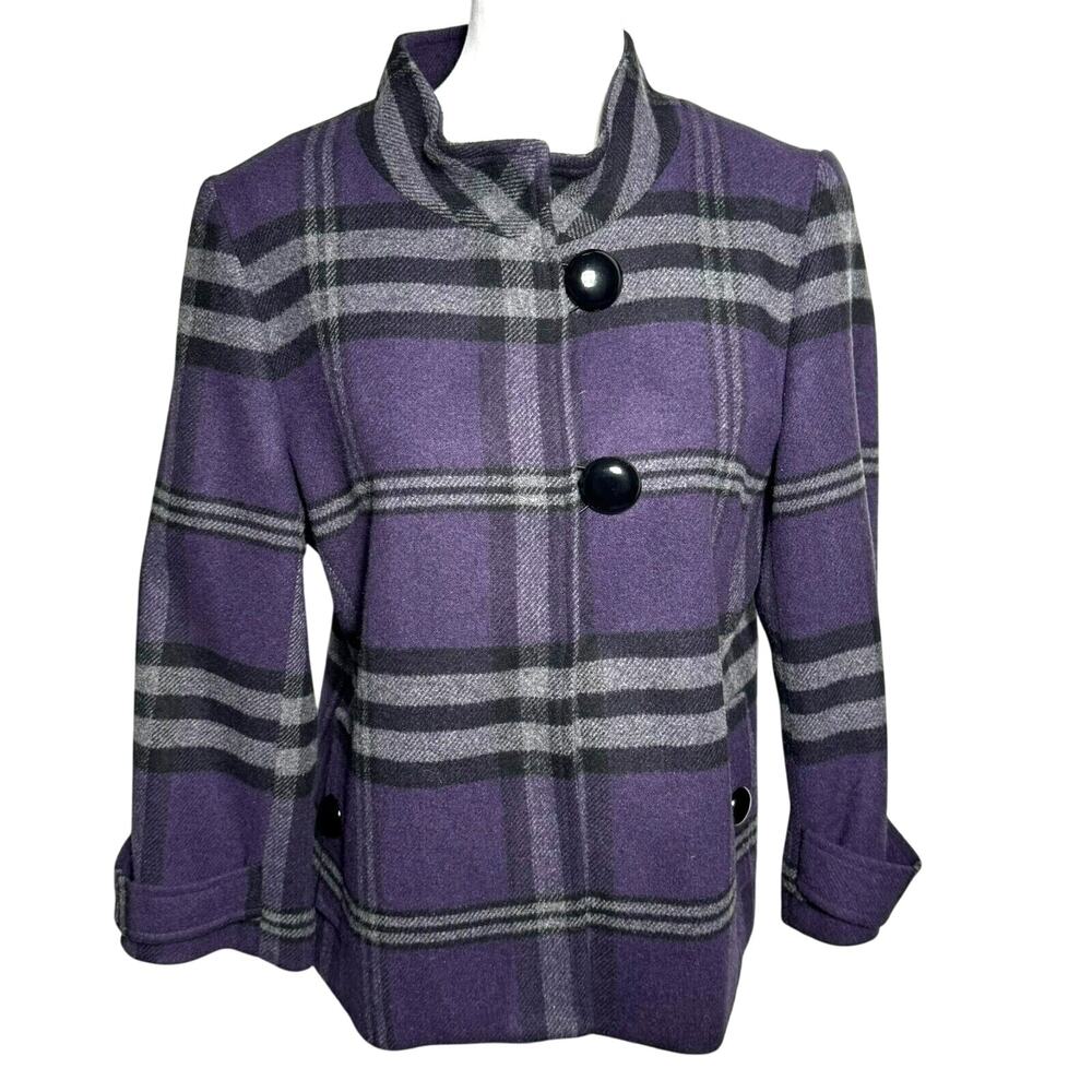 ELLIOTT LAUREN Women's 8 Vintage Purple Plaid Wool Pea Coat Jacket Pockets USA